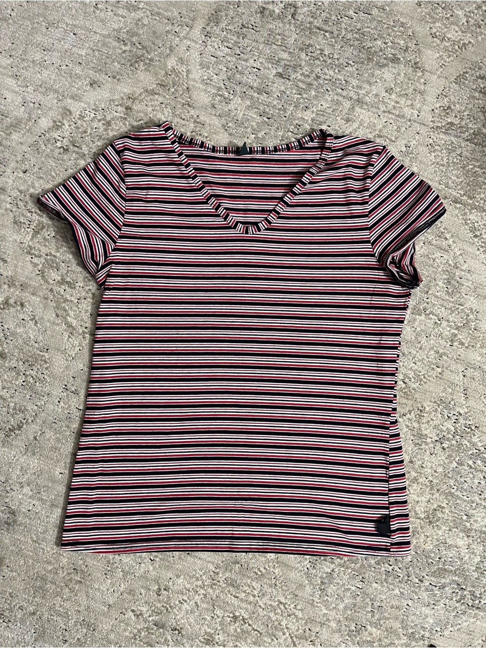 Roots Striped V-Neck Short Sleeve Top in Black, White & Pink
